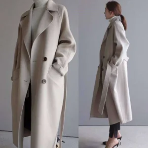 Beige Woolen Jacket Women Autumn Winter Casual Lapel Long Coats Female Elegant Vintage Korean Fashion Loose Oversized Overcoat
