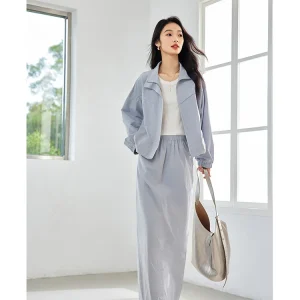 VIMLY Women's Skirt Sets Commuter Style Lapel Jacket for Female Autumn New Casual Style Office Lady Elastic Waist Skirt M8229