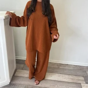 Winter Fashion Corduroy Two Piece Set Women Round Neck Long Sleeve Top Wide Leg Pants Casual Loose Two Piece Set Women