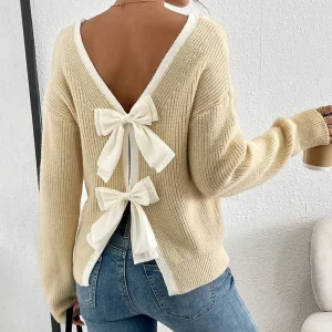 Autumn and winter new sweater women's fashion back bow decoration round neck pullover knitted sweater