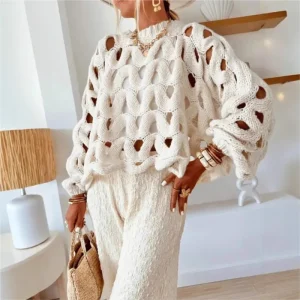 Sexy Hollow Out Long Sleeve Knitted Sweater Summer Beach Vacation Crochet Pullover Casual Solid Women's Loose Top Blousesl