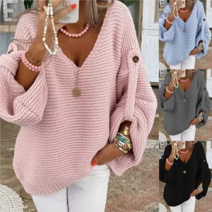 Casual Knitted V Neck Sweater Fall Winter Fashion Button Warm Commuter Jumper Elegant Solid Adjustable Long Sleeve Pullover