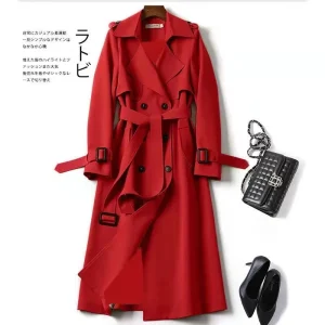 Women's Trench Coat 2024 Autumn Korean Long Jacket with Belt Solid Double-breasted British Style Khaki Coat For Women Red Blue