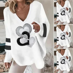 Spring Autumn Fashion Love Print Long Sleeve Loose Top Women V Neck Pullover Irregular Hem Lady T Shirt Blouse 2024 Casual Tops