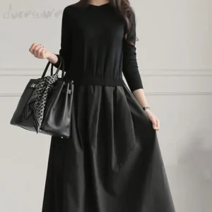 Vintage Elegant Knitted Top Splicing Dress Korean Style Spring 2025 New Women Maxi Dresses Casual Loose A-line O-Neck Dresses